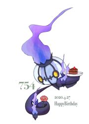 Rule 34 | cake, chandelure, creatures (company), dated, fire, fireblast, flower, food, game freak, gen 5 pokemon, happy birthday, highres, holding, holding flower, holding plate, nintendo, no humans, plate, pokemon, pokemon (creature), purple fire, red flower, red rose, rose, simple background, white background, yellow eyes