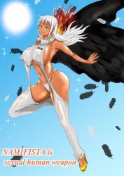 Rule 34 | 1girl, adapted costume, alternate skin color, ass, breasts, dark-skinned female, dark skin, flying, huge ass, large breasts, lips, looking at viewer, nami (one piece), one piece, orange hair, seraphim (one piece), shiny skin, thong, white hair, wide hips