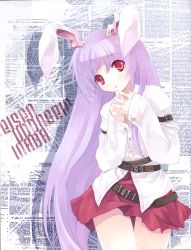 Rule 34 | 1girl, animal ears, armband, belt, blush, buttons, character name, dress shirt, embarrassed, female focus, head tilt, long hair, looking at viewer, no nose, own hands clasped, own hands together, parted bangs, purple hair, rabbit ears, rabbit girl, red eyes, reisen udongein inaba, scan, shadow, shirt, sidelocks, skirt, solo, standing, strap, thigh gap, thighs, tokiame, touhou, very long hair