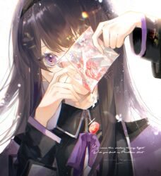 Rule 34 | absurdres, akemi homura, black hair, black hairband, capelet, character print, chelsea (qing3567), chinese commentary, collared capelet, gem, glint, hairband, hands up, highres, holding, holding paper, kaname madoka, long hair, long sleeves, looking at viewer, mahou shoujo madoka magica, mahou shoujo madoka magica (anime), neck ribbon, one eye covered, paper, portrait, purple capelet, purple eyes, red gemstone, ribbon, simple background, white background
