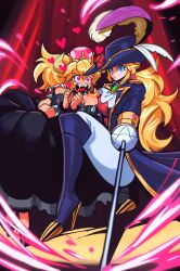 Rule 34 | 2girls, aristocratic clothes, arm around shoulder, armlet, ascot, black dress, blonde hair, blue brooch, boots, bowsette, bracelet, collar, dress, fangs, hat feather, heart, heart-shaped pupils, high heel boots, high heels, horns, jewelry, knee boots, mario (series), multiple girls, nanika (nnkgh), new super mario bros. u deluxe, nintendo, open mouth, pants, princess peach, princess peach: showtime!, rapier, sharp teeth, spiked armlet, spiked bracelet, spiked collar, spikes, super crown, sword, swordfighter peach, symbol-shaped pupils, teeth, weapon, white ascot, white pants