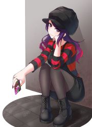 Rule 34 | 1girl, against wall, black footwear, black hat, black overalls, black pantyhose, black shorts, cellphone, collarbone, floating hair, gradient hair, grin, gtmt heaven, hat, head rest, head tilt, highres, holding, holding phone, idolmaster, idolmaster shiny colors, jewelry, long hair, multicolored hair, nail polish, overall shorts, overalls, pantyhose, pantyhose under shorts, phone, purple eyes, purple hair, red hair, red nails, ring, shirt, short shorts, shorts, smartphone, smile, solo, striped clothes, striped shirt, swept bangs, tanaka mamimi, white background
