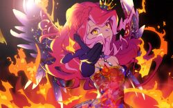Rule 34 | 1girl, aikatsu! (series), aikatsu stars!, bare shoulders, black gloves, braid, closed mouth, crown, crown braid, dress, elza forte, feathered wings, fire, foreshortening, gloves, hand up, highres, idol clothes, long hair, looking at viewer, multicolored hair, pink hair, red dress, red hair, shiontaso, smile, solo, third-party source, upper body, wings, yellow eyes