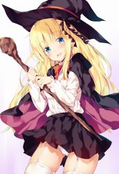 Rule 34 | 10s, 1girl, black cape, black hat, black skirt, blonde hair, blue eyes, blush, bow, bowtie, cameltoe, cape, colored eyelashes, commentary request, cowboy shot, garter straps, gluteal fold, gradient background, halloween, hat, head tilt, highres, holding, holding staff, juliet persia, kishuku gakkou no juliet, long hair, multicolored cape, multicolored clothes, open mouth, panties, pantyshot, pleated skirt, puffy short sleeves, puffy sleeves, purple background, red bow, red bowtie, red cape, shirt, short sleeves, skirt, sleeves past wrists, solo, staff, standing, sweat, thighhighs, unacchi (nyusankin), underwear, very long hair, wavy mouth, white background, white panties, white shirt, white thighhighs, witch hat