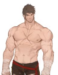 Rule 34 | 1boy, abs, bandaid, bandaid on cheek, bandaid on face, bara, bare pectorals, beard, black hair, bulge, cross scar, cyphers, damian doyle (cyphers), dark-skinned male, dark skin, facial hair, gomtang, large pectorals, male focus, male pubic hair, mature male, mohawk, muscular, muscular male, navel, navel hair, nipples, pectoral cleavage, pectorals, penis, pubic hair, scar, scar on arm, short hair, sideburns, sidepec, solo, stomach, stubble, thick thighs, thighs, third-party source, topless male