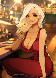 Rule 34 | 1girl, alcohol, asymmetrical bangs, bar (place), bare arms, bare shoulders, breasts, brown eyes, cleavage, collarbone, diffraction spikes, dress, earrings, glass, grin, hair behind ear, hide (hideout), highres, indoors, jewelry, large breasts, lipstick, long dress, long hair, looking at viewer, makeup, mature female, original, red dress, sleeveless, sleeveless dress, smile, solo, swept bangs, thick eyelashes, white hair