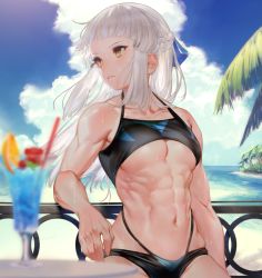 Rule 34 | 1girl, abs, biceps, bikini, blunt bangs, bow, bra, breasts, collarbone, cup, drink, drinking glass, fate/grand order, fate (series), hair bow, kodama (wa-ka-me), long hair, medium breasts, muscular, muscular female, navel, parted lips, penthesilea (fate), sidelocks, solo, stomach, straw, sweat, swimsuit, tropical drink, underboob, underwear, white hair, yellow eyes