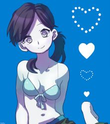 Rule 34 | 1girl, bikini, bikini top only, black hair, blue background, blue theme, colored skin, front-tie bikini top, front-tie top, heart, long hair, looking at viewer, mari mokomo, nintendo, ponytail, purple eyes, simple background, smile, solo, split mouth, swept bangs, swimsuit, white skin, wii fit, wii fit trainer, wii fit trainer (female)