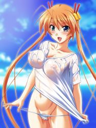 Rule 34 | 1girl, bell, blush, breasts, hair bell, hair ornament, heterochromia, kagurazaka asuna, long hair, mahou sensei negima!, multicolored eyes, mutou keiji, nipples, orange hair, outdoors, panties, panty pull, pulling own clothes, see-through, shirt, solo, twintails, underwear, wet, wet clothes, wet shirt