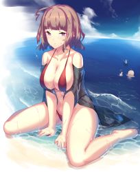 Rule 34 | 1boy, 1girl, ahoge, bald, beach, between legs, bikini, blue sky, blush, breasts, brown eyes, brown hair, cardigan, cleavage, cloud, cloudy sky, collarbone, day, dev (dev0614), hand between legs, highres, large breasts, looking at viewer, nail polish, navel, ocean, open cardigan, open clothes, original, outdoors, parted lips, purple nails, red bikini, shark fin, sitting, sky, solo focus, swimsuit, thighs, thumbs up, toenail polish, toenails, wariza, wet, wet clothes