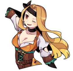 Rule 34 | 1girl, belt, blonde hair, breasts, brigid (fire emblem), brown eyes, choker, cleavage, corset, fire emblem, fire emblem: genealogy of the holy war, gloves, haconeri, headband, long hair, nintendo, one eye closed, open mouth, simple background, smile, solo, solo focus