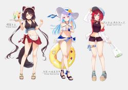 Rule 34 | 3girls, :d, ange katrina, animal ears, apron, arm up, bad id, bad twitter id, bag, bare arms, bare legs, bare shoulders, baseball cap, belt, belt pouch, bikini, black hair, black panties, blue eyes, blue hair, brat (brabrabrat00), breasts, character name, cleavage, cocktail glass, collar, collarbone, commentary, crop top, crossed legs, cup, dog ears, dog girl, dog tail, drink, drinking glass, drinking straw, fangs, flower, full body, gradient hair, grey background, groin, hair flower, hair ornament, halterneck, hand on headwear, hands up, hat, hat flower, headdress, heterochromia, holding, holding tray, hurricane glass, innertube, inui toko, jacket, jewelry, leg belt, lize helesta, long hair, long legs, long sleeves, looking at viewer, low twintails, medium breasts, midriff, miniskirt, multicolored hair, multiple girls, navel, necklace, nijisanji, off shoulder, open clothes, open jacket, open mouth, panties, plastic bag, pleated skirt, pouch, purple eyes, red eyes, red flower, red hair, red skirt, sandals, sarong, shirt, shopping bag, short shorts, shorts, side slit, simple background, skirt, sleeveless, sleeveless shirt, smile, standing, sun hat, swim ring, swimsuit, tail, thighs, tray, twintails, two-tone hair, underwear, very long hair, virtual youtuber, waist apron, watson cross, white bikini, white hair, white headwear, white jacket, yellow eyes, yellow flower