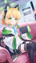 Rule 34 | 2girls, absurdres, black skirt, black thighhighs, blonde hair, blue archive, blue bow, blue necktie, bow, cat tail, collared shirt, couch, door, green eyes, green halo, hair bow, halo, handheld game console, highres, holding, holding handheld game console, jacket, looking at viewer, midori (blue archive), mixed-language commentary, momoi (blue archive), multiple girls, necktie, on couch, open clothes, open jacket, open mouth, pink bow, punimon (user ymmd3824), shirt, short hair, siblings, sisters, sitting, skirt, solo focus, sticky note, tail, thighhighs, twins, two-sided fabric, two-sided jacket, white jacket, white shirt