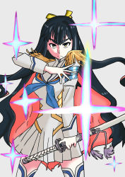 Rule 34 | 1girl, absurdres, black hair, cosplay, derivative work, dress, epaulettes, grey background, highres, holding, holding sword, holding weapon, junketsu, kantai collection, katana, kill la kill, kiryuuin satsuki, kiryuuin satsuki (cosplay), long hair, looking at viewer, macbail, messy hair, multicolored hair, naganami (kancolle), pink hair, sheath, sheathed, solo, sparkle, sword, thick eyebrows, thighhighs, two-tone hair, very long hair, wavy hair, weapon, white dress, white thighhighs, yellow eyes, zettai ryouiki