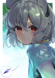 Rule 34 | 1girl, animal ears, blue capelet, capelet, closed mouth, grey hair, hair between eyes, highres, jewelry, kakedashi, looking at viewer, mouse ears, mouse girl, nazrin, pendant, red eyes, short hair, smile, solo, touhou, upper body
