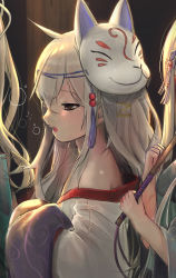 Rule 34 | 3girls, ahoge, bare shoulders, black kimono, close-up, commentary request, fox mask, g11 (girls&#039; frontline), girls&#039; frontline, green kimono, grey eyes, grey hair, guunhanchi, hair ornament, hair over breasts, hair over shoulder, half-closed eyes, highres, hk416 (girls&#039; frontline), holding, holding umbrella, japanese clothes, kimono, long hair, mask, multiple girls, night, oil-paper umbrella, open mouth, ponytail, shiny clothes, shiny skin, side ponytail, sleepy, tagme, umbrella, ump45 (girls&#039; frontline), white kimono