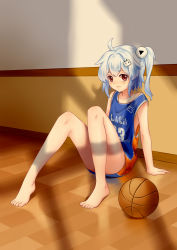 Rule 34 | 1girl, absurdres, ahoge, ball, barefoot, basketball, basketball (object), basketball uniform, bili girl 33, bilibili, blue hair, blush, closed mouth, collarbone, copyright name, hair ornament, highres, looking at viewer, red eyes, shi rou tu alice, short hair, sitting, solo, sportswear, sweat, sweatdrop