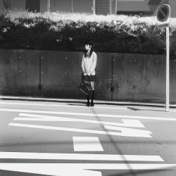 Rule 34 | 1girl, bag, bow, bowtie, bush, day, full body, greyscale, handbag, holding, holding bag, ilya kuvshinov, kneehighs, loafers, long hair, looking at viewer, looking to the side, monochrome, original, outdoors, pavement, plant, pole, potted plant, road, road sign, shoes, sign, socks, solo, standing, street, sunlight, sweater