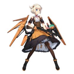 Rule 34 | 1girl, apron, assault visor, bird, black dress, black footwear, blonde hair, blue eyes, boots, bottle, bridal garter, brown corset, brown pantyhose, chilunchilun, closed mouth, corset, detached sleeves, dress, full body, girls&#039; frontline, gloves, gun, hair ornament, highres, holding, holding gun, holding weapon, legs apart, looking to the side, m1897 (girls&#039; frontline), m1897 (mod3) (girls&#039; frontline), maid, mod3 (girls&#039; frontline), neck ribbon, official alternate costume, official art, orange apron, orange gloves, pantyhose, pump action, red ribbon, ribbon, shield, shield module, short hair, short sleeves, short twintails, shotgun, simple background, sleeveless, sleeveless dress, solo, spray bottle, squeegee, standing, transparent background, trigger discipline, twintails, weapon, winchester model 1897