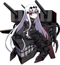 Rule 34 | 10s, 1girl, abyssal ship, aircraft carrier water oni, armor, armored boots, black dress, black footwear, black gloves, black thighhighs, boots, breasts, chibi, colored skin, detached sleeves, dress, female focus, full body, gloves, hair ornament, high heel boots, high heels, kantai collection, large breasts, long hair, long sleeves, machinery, minarai, red eyes, ribbed dress, sailor dress, short dress, simple background, sitting, solo, thighhighs, turret, white background, white hair, white skin, zettai ryouiki