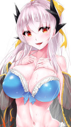 Rule 34 | 1girl, :s, bare shoulders, bikini, blue bikini, blue bow, blush, bow, breasts, cleavage, collarbone, eyelashes, fate/grand order, fate (series), frilled bikini, frills, front-tie bikini top, front-tie top, hair bow, hands on own chest, horns, index finger raised, kiyohime (fate), kiyohime (swimsuit lancer) (third ascension) (fate), large breasts, long hair, looking at viewer, navel, sasakuma kyouta, see-through, shawl, shiny clothes, silver hair, simple background, solo, stomach, straight hair, sweat, swimsuit, upper body, white background, yellow bow