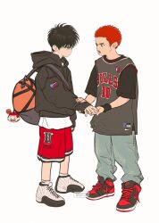 Rule 34 | 2boys, bag, basketball jersey, basketball uniform, black eyes, black hair, black hoodie, black shirt, black tank top, black wristband, buzz cut, denim, duffel bag, eye contact, full body, grey background, hand on another&#039;s arm, hood, hoodie, jeans, charm (object), layered clothes, looking at another, male focus, multiple boys, open mouth, pants, red footwear, red hair, red shorts, rukawa kaede, sakuragi hanamichi, sappali2, shirt, shoes, short hair, shorts, simple background, slam dunk (series), sneakers, sportswear, tank top, very short hair, white footwear