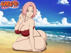 Rule 34 | 1girl, ass, beach, bikini, breasts, butt crack, cleavage, cloud, covered erect nipples, curvy, dissel, female focus, full body, green eyes, haruno sakura, huge ass, huge breasts, nail polish, naruto, naruto (series), naughty face, nipples, ocean, one eye closed, outdoors, pink hair, short hair, sitting, sky, smile, solo, spiked hair, swimsuit, text focus, thick thighs, thighs, thong, water, wide hips