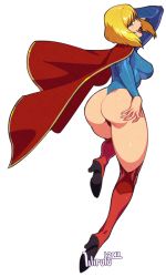 Rule 34 | 1girl, ass, blonde hair, blue eyes, bob cut, boots, breasts, cape, dc comics, from behind, full body, high heel boots, high heels, large breasts, leotard, lilirulu, lipstick, long sleeves, looking at viewer, looking back, makeup, over-kneehighs, red footwear, short hair, solo, supergirl, superhero costume, superman (series), thigh boots, thighhighs, thong leotard, transparent background