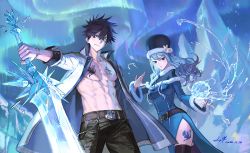 Rule 34 | 1boy, 1girl, aurora, belt, black hair, black pants, blue dress, blue hair, blue headwear, bracelet, chest tattoo, coat, crystal sword, dress, fairy tail, fur trim, gray fullbuster, highres, holding, holding sword, holding weapon, hydrokinesis, jewelry, juvia lockser, leg tattoo, long hair, night, open clothes, open coat, outdoors, pants, shan yang, short hair, side slit, spiked hair, sword, tattoo, thighhighs, toned, toned male, water, weapon, white coat, winter clothes
