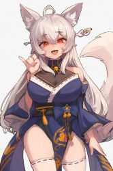 Rule 34 | 1girl, absurdres, ahoge, animal ear fluff, animal ears, bare shoulders, bell, blue kimono, blue sleeves, breasts, cat ears, cat girl, cat tail, detached sleeves, film grain, hair between eyes, hair ornament, hair stick, hand up, highres, japanese clothes, jingle bell, kimono, large breasts, long hair, looking at viewer, obi, original, pinky out, red eyes, sash, setakman, silver hair, simple background, solo, tail, thighhighs, thighs, tongue, tongue out, white background, white thighhighs, wide sleeves