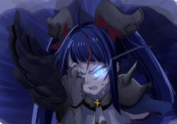 Rule 34 | 1girl, akizora (aki precure), armor, black wings, blue eyes, blue hair, brooch, commentary request, cure sky, cut bangs, dark persona, feathered wings, fingerless gloves, frown, gloves, glowing, glowing eye, grey gloves, hand over eye, highres, hirogaru sky! precure, jewelry, leaning forward, long hair, looking at viewer, magical girl, multicolored hair, open mouth, pauldrons, precure, red hair, shoulder armor, single pauldron, single wing, solo, sora harewataru, spiked pauldrons, streaked hair, sweat, twintails, wing brooch, wing hair ornament, wings
