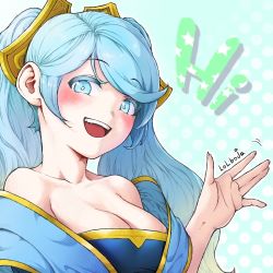 Rule 34 | blue eyes, blue hair, blush, breasts, cleavage, collarbone, large breasts, league of legends, lolboja, long hair, open mouth, sona (league of legends)