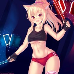 Rule 34 | 1girl, animal ear fluff, animal ears, beat saber, blonde hair, blue background, blush, breasts, buruma, cat ears, cowboy shot, energy sword, fang, fingerless gloves, gloves, gluteal fold, highres, large breasts, long hair, looking at viewer, midriff, navel, nottytiffy, open mouth, original, ponytail, red buruma, red eyes, slit pupils, solo, sword, tank top, thighhighs, tiffy (nottytiffy), underboob, watermark, weapon, web address