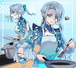Rule 34 | 1girl, absurdres, alternate hairstyle, apron, blue background, blue eyes, blue hair, blue nails, breasts, butterfly hair ornament, butterfly ornament, closed eyes, collarbone, cooking, cooking pot, hair ornament, highres, holding, holding knife, holding pan, holding spatula, indie virtual youtuber, knife, large breasts, long hair, mituki841, monarch (amalee), multiple views, nervous sweating, open mouth, ponytail, second-party source, shaded face, spatula, steam, stove, sweat, utensil in mouth, virtual youtuber