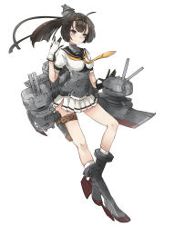 Rule 34 | 10s, 1girl, \||/, akizuki (kancolle), bad id, bad pixiv id, belt pouch, berver, boots, breasts, brown eyes, brown hair, chou-10cm-hou-chan, full body, gloves, grey footwear, headband, kantai collection, light smile, looking at viewer, neckerchief, pleated skirt, ponytail, pouch, puffy short sleeves, puffy sleeves, sailor collar, school uniform, serafuku, shirt, short sleeves, simple background, skirt, small breasts, solo, standing, thigh strap, white background, white gloves, white shirt, white skirt