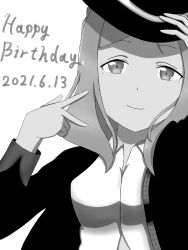 Rule 34 | 1girl, artist name, artist request, black cardigan, black jacket, blonde hair, blush, bow, bowtie, braid, breasts, brown eyes, cardigan, collared shirt, crown braid, female focus, green eyes, greyscale, guilty kiss (love live!), hair over shoulder, hair rings, hat, highres, holding, holding clothes, holding hat, jacket, looking at viewer, love live!, love live! school idol festival, love live! sunshine!!, medium breasts, monochrome, ohara mari, parted lips, red bow, shirt, short hair, smile, solo, sparkle print, upper body, v, white background, white shirt, yellow eyes