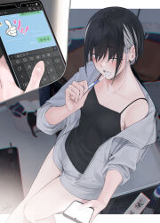Rule 34 | 1girl, absurdres, black hair, brushing teeth, camisole, cellphone, grey jacket, grey shorts, highres, holding, holding phone, holding toothbrush, indoors, jacket, multicolored hair, off shoulder, open clothes, open jacket, open mouth, original, phone, rerrere, shorts, smartphone, streaked hair, text messaging, toothbrush, translation request, white hair