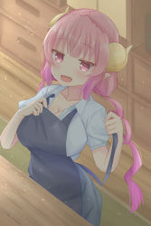 Rule 34 | 1girl, absurdres, apron, blue apron, blunt bangs, blurry, blurry background, blush, breasts, chinosuke (cs4126), cleavage, collarbone, collared shirt, commentary request, dragon girl, dragon horns, fang, highres, horns, ilulu (maidragon), indoors, kobayashi-san chi no maidragon, large breasts, long hair, looking at viewer, open mouth, pink eyes, pink hair, pointy ears, shirt, slit pupils, solo, twintails, white shirt