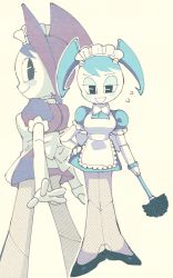 Rule 34 | 1girl, apron, ass, blue hair, blush, dual persona, duster, fishnets, frilled apron, frills, highres, inkerton-kun, jenny wakeman, joints, maid, maid apron, maid headdress, mecha musume, my life as a teenage robot, puffy sleeves, robot, robot joints, twintails, upskirt, yellow background