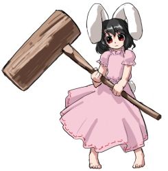 Rule 34 | 1girl, animal ears, barefoot, female focus, full body, hammer, hirosato, inaba tewi, oversized object, rabbit ears, simple background, solo, standing, touhou, white background