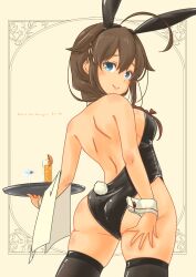 Rule 34 | 1girl, absurdres, ahoge, alternate costume, animal ears, ass, backless outfit, black hair, black thighhighs, blue eyes, braid, cup, detached collar, drinking glass, hair flaps, hair over shoulder, highres, kantai collection, leotard, looking at viewer, looking back, playboy bunny, pot-de, rabbit ears, rabbit tail, shigure (kancolle), shigure kai san (kancolle), single braid, smile, solo, tail, thighhighs, towel, tray, wrist cuffs
