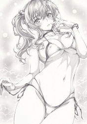 1girl alternate_costume azur_lane bikini breasts cowboy_shot greyscale large_breasts looking_at_viewer mikuro monochrome multi-strapped_bikini_bottom parted_lips side-tie_bikini_bottom skindentation slingshot_swimsuit solo st._louis_(azur_lane) swimsuit thighs traditional_media