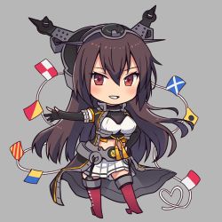 Rule 34 | 1girl, :d, black gloves, boots, breasts, brown hair, chibi, elbow gloves, full body, gloves, grey background, hair between eyes, hand on own hip, headgear, headpiece, kantai collection, kasumi (skchkko), long hair, looking at viewer, medium breasts, miniskirt, nagato (kancolle), open mouth, partially fingerless gloves, red eyes, red footwear, simple background, skirt, smile, solo, string of flags, tassel, thigh boots, thighhighs, white skirt