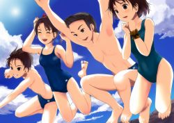 Rule 34 | 2boys, 2girls, armpits, bad id, bad pixiv id, barefoot, blue male swimwear, blue swim briefs, brown eyes, brown hair, feet, jumping, male school swimsuit, male swimwear, multiple boys, multiple girls, munakata (hisahige), name tag, one-piece swimsuit, original, ponytail, school swimsuit, short hair, swim briefs, swimsuit
