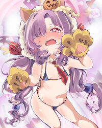 Rule 34 | 1girl, animal costume, animal ears, animal hands, bikini, blush, embarrassed, fang, gloves, granblue fantasy, hair over one eye, harvin, highres, lion costume, lion ears, long hair, looking at viewer, low twintails, micro bikini, niyon (granblue fantasy), niyon (lejonskrik) (granblue fantasy), open mouth, paw gloves, purple hair, red eyes, ribbon, shi ecchi, striped ribbon, swimsuit, twintails