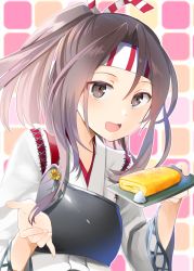 Rule 34 | 1girl, :d, brown eyes, brown hair, commentary, food, hachimaki, headband, high ponytail, holding, holding plate, japanese clothes, kantai collection, long hair, looking at viewer, muneate, omelet, open mouth, plate, smile, solo, tamagoyaki, upper body, yunamaro, zuihou (kancolle)