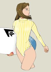 Rule 34 | 1girl, brown hair, collared one-piece swimsuit, cropped legs, grey background, highres, holding, holding surfboard, looking to the side, medium hair, nail polish, one-piece swimsuit, original, red nails, sakamoto giulietta, simple background, solo, striped clothes, striped one-piece swimsuit, surfboard, surfing, swimsuit, two-tone one-piece swimsuit, vertical-striped clothes, vertical-striped one-piece swimsuit, walking, white stripes, yellow one-piece swimsuit