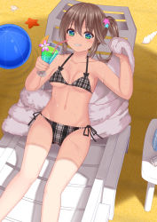 Rule 34 | 1girl, bad id, bad pixiv id, ball, bare arms, bare shoulders, beach, beachball, bendy straw, bikini, blue eyes, blush, breasts, brown hair, chair, collarbone, commentary request, cup, day, drinking glass, drinking straw, feet out of frame, green eyes, grey bikini, grin, groin, hair between eyes, hair ornament, halterneck, holding, holding cup, long hair, looking at viewer, lounge chair, lying, medium breasts, navel, on back, original, outdoors, partial commentary, photoshop (medium), plaid, plaid bikini, revision, sand, side-tie bikini bottom, side ponytail, smile, solo, star (symbol), star hair ornament, starfish, string bikini, swimsuit, towel, tropical drink, tukino neru, wet