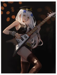 Rule 34 | 1girl, alternate costume, bad id, bad pixiv id, belt, belt buckle, beret, black background, black hat, black shirt, black shorts, black thighhighs, blunt bangs, bracelet, breasts, buckle, crop top, dokshuri, dress, electric guitar, facial mark, girls&#039; frontline, green eyes, guitar, hair ornament, hat, highres, hk416 (girls&#039; frontline), holding, holding plectrum, instrument, jewelry, large breasts, leg up, long hair, looking at viewer, military hat, music, navel, parted lips, playing instrument, plectrum, scar, scar across eye, scar on face, shirt, short dress, short shorts, shorts, sidelocks, skull and crossbones, smile, solo, spiked bracelet, spikes, stomach, studded belt, teardrop, thighhighs, torn clothes, torn thighhighs, white hair, wrist straps