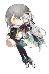 Rule 34 | 1girl, absurdres, artist name, black hairband, black jacket, character doll, crossed bangs, firefly (honkai: star rail), from side, full body, gradient legwear, green thighhighs, grey hair, hair ornament, hairband, hashtag-only commentary, highres, holding, holding stuffed toy, honkai: star rail, honkai (series), hug, invisible chair, jacket, long hair, long sleeves, looking at viewer, looking to the side, multicolored eyes, raku (clearpage), shirt, shoes, simple background, sitting, smile, solo, stelle (honkai: star rail), stuffed toy, thighhighs, trailblazer (honkai: star rail), white background, white footwear, white shirt